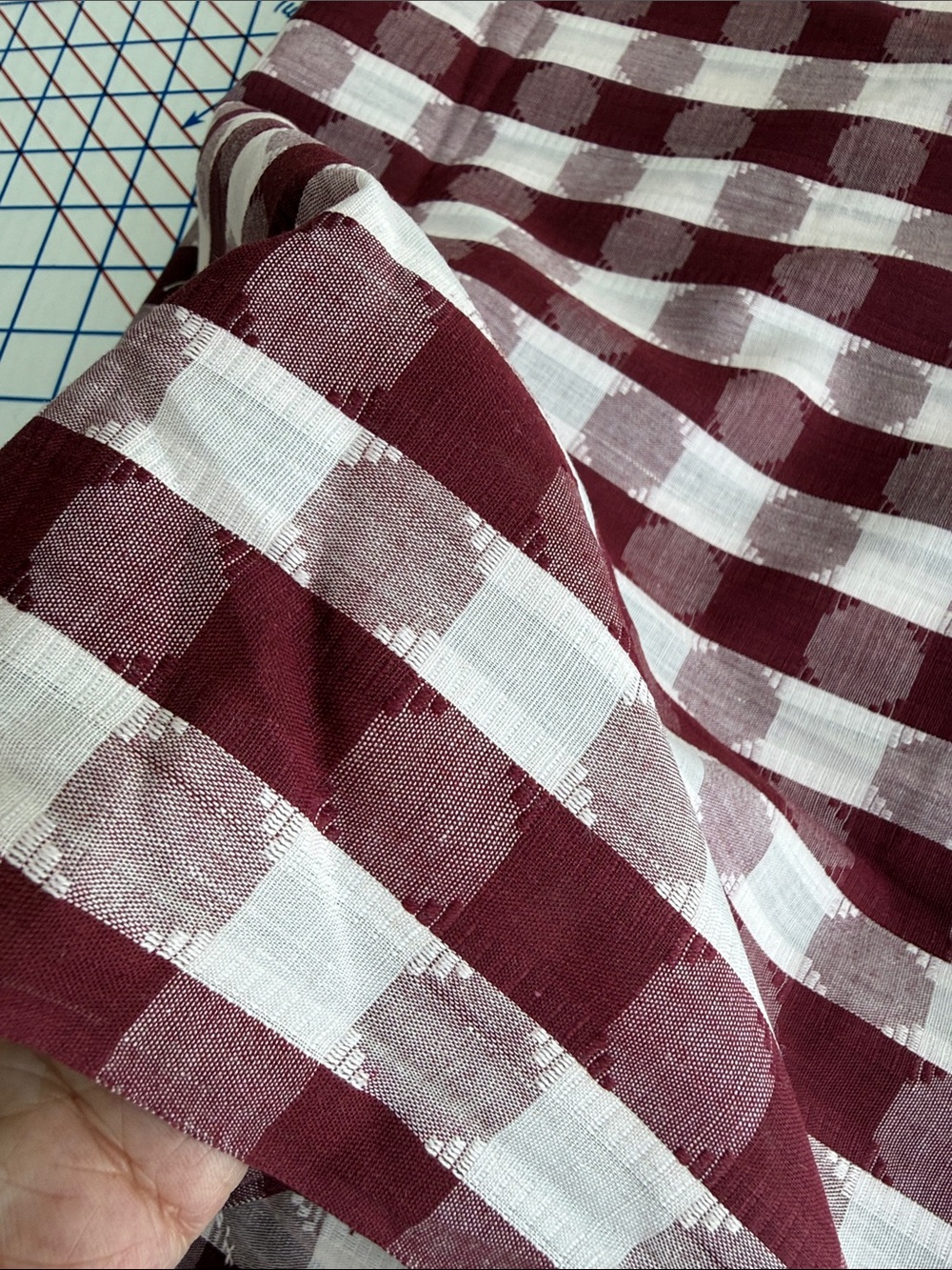Vintage 60s 70s Burgundy Ivory Woven Check Fabric 5 Yards x 44” - Picture 3 of 13